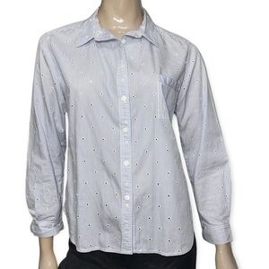 Caroline Charles Women’s Size 12 Blue White Pinstripe Eyelet Button Down Shirt